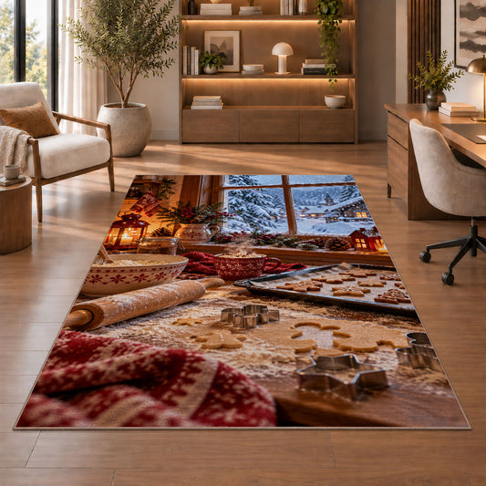 Winter baking window rug in a home office with wooden shelves