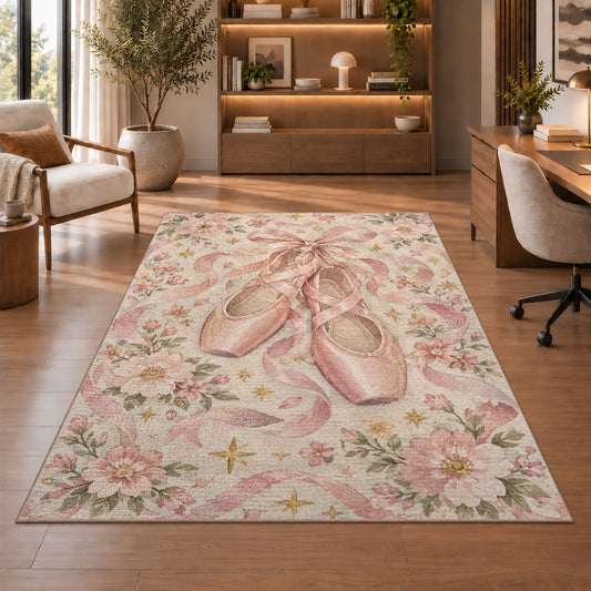 Pink pointe shoes floral rug in a home office with wooden shelves