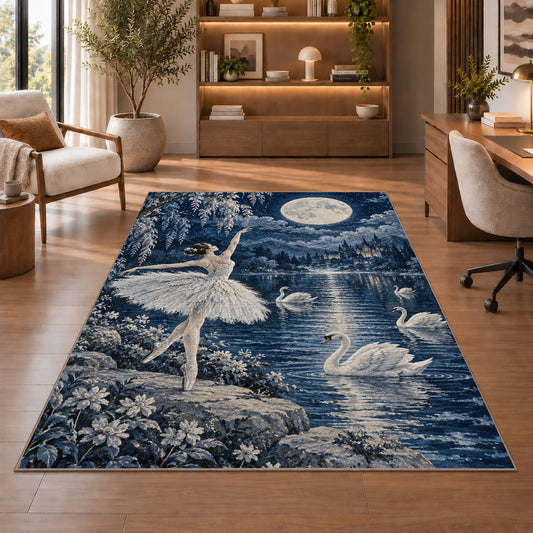 Swan lake ballerina rug in a home office with wooden shelves