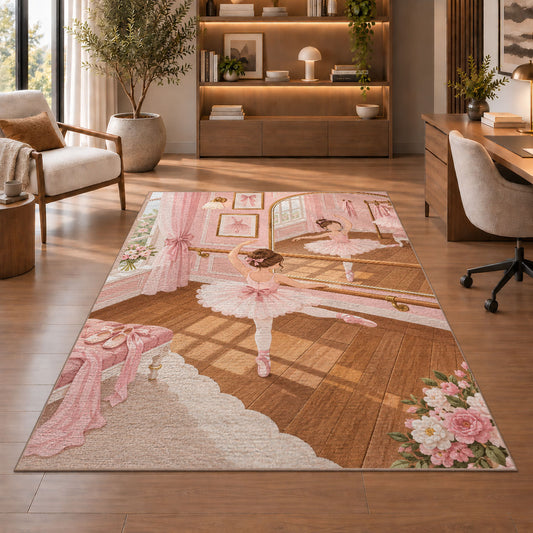Ballet studio rug in a home office with wooden shelves