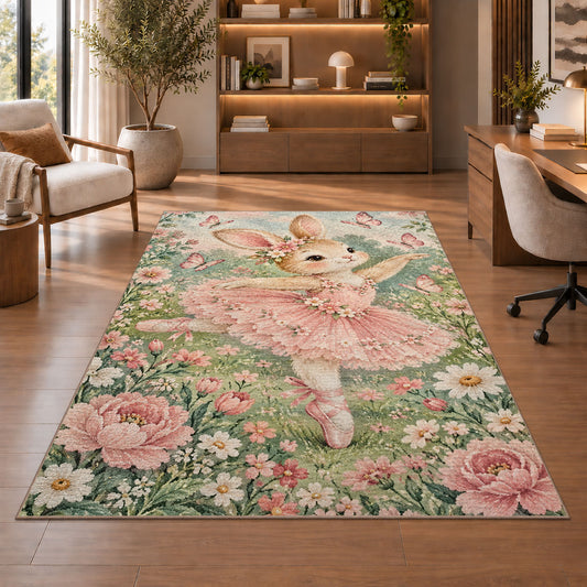 Bunny ballerina rug in a home office with wooden shelves