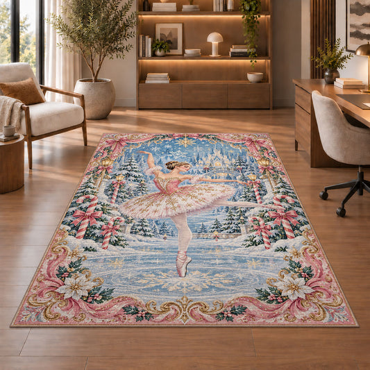 Winter ballerina rug in a home office with wooden shelves