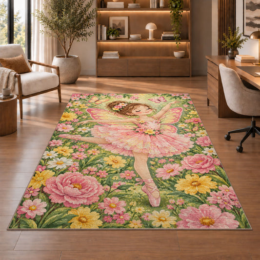 Butterfly fairy ballerina rug in a home office with wooden shelves