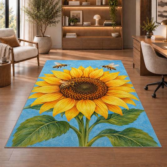 Sunflower and Bees Rug in a home office with wooden shelves