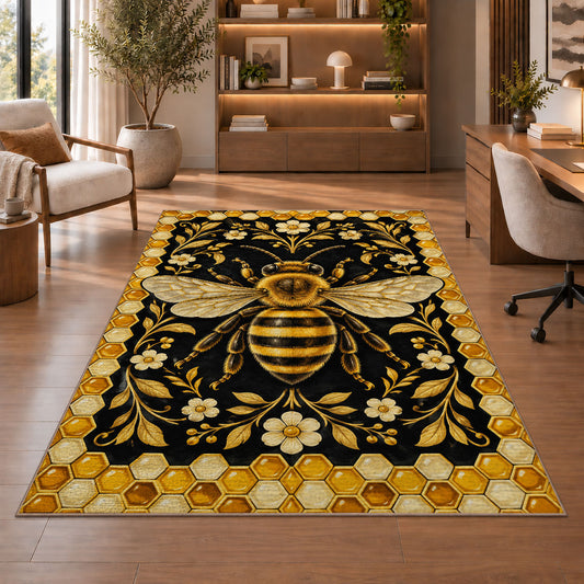 Golden Bee Honeycomb Border Rug in a home office with wooden shelves