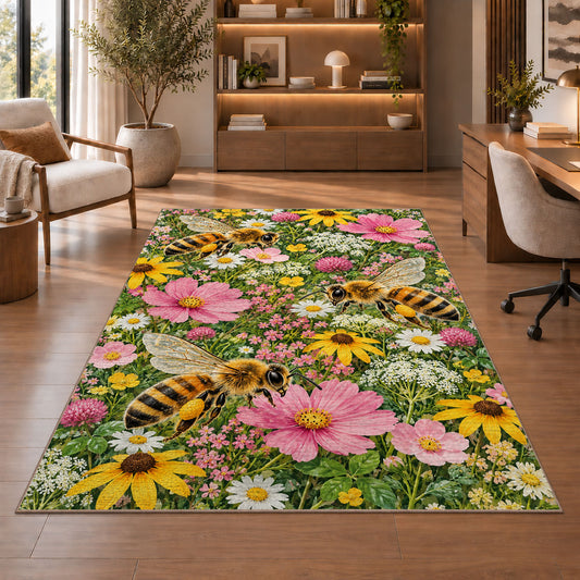 Bees in Wildflower Garden Rug in a home office with wooden shelves