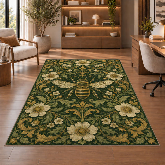 Vintage Engraved Bee Rug in a home office with wooden shelves
