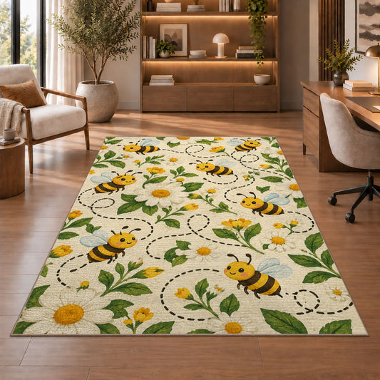 Happy Bees Flight Path Rug in a home office with wooden shelves