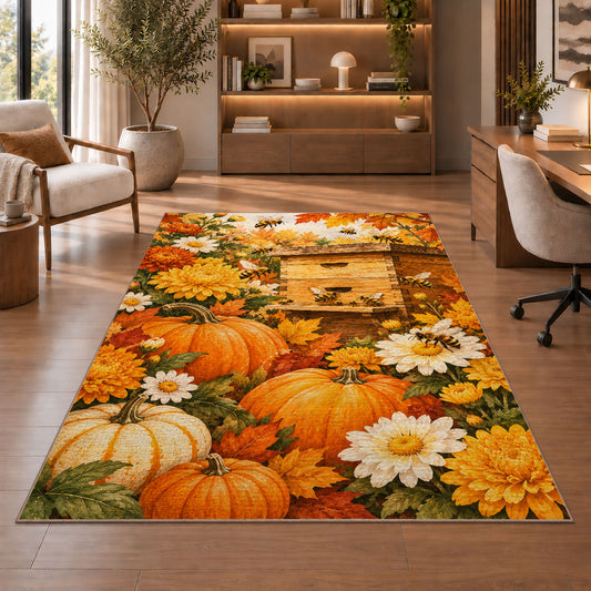 Autumn Beehive Pumpkin Rug in a home office with wooden shelves