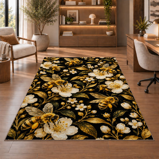 Golden Bees on Black Rug in a home office with wooden shelves