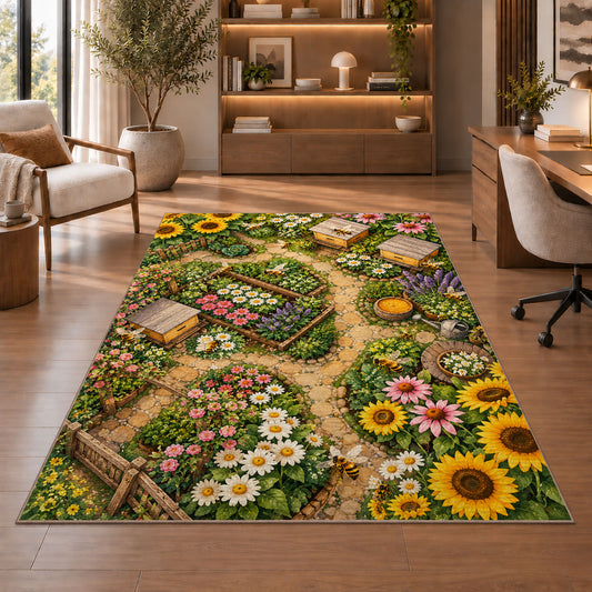 Bee Garden Top View Rug in a home office with wooden shelves