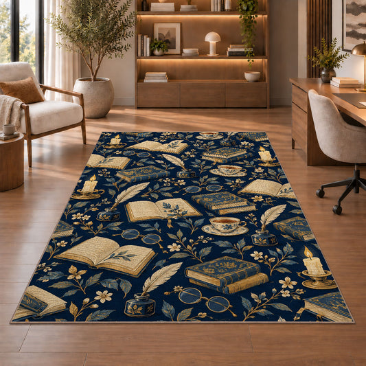 Book and Quill Pattern rug in a home office with wooden shelves