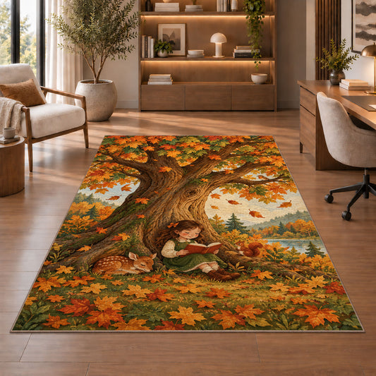 Girl Reading Under Autumn Tree rug in a home office with wooden shelves