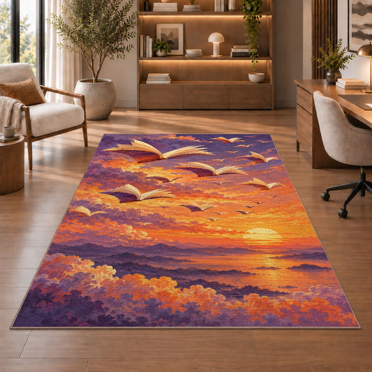 Books Flying at Sunset rug in a home office with wooden shelves