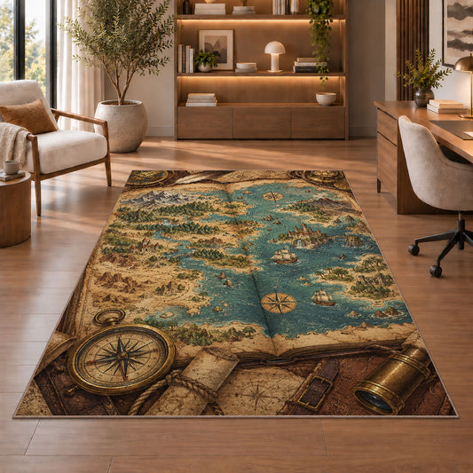 Fantasy Map in a Book rug in a home office with wooden shelves