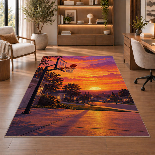 Driveway Hoop at Sunset rug in a home office with wooden shelves