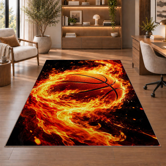 Basketball on Fire rug in a home office with wooden shelves