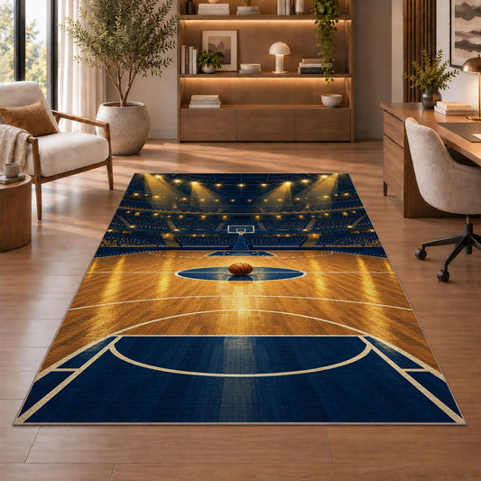 Arena Spotlight Court rug in a home office with wooden shelves