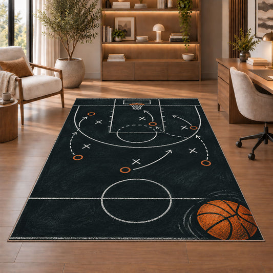 Chalkboard Basketball Play rug in a home office with wooden shelves