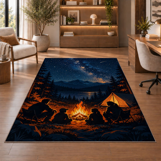 Family Campfire Under the Stars rug in a home office with wooden shelves