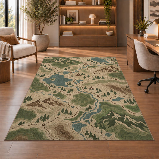 Topographic Trail Map rug in a home office with wooden shelves