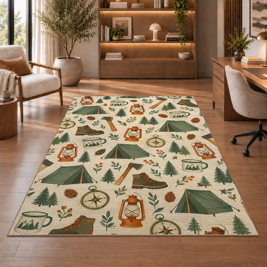 Camping Gear Pattern rug in a home office with wooden shelves