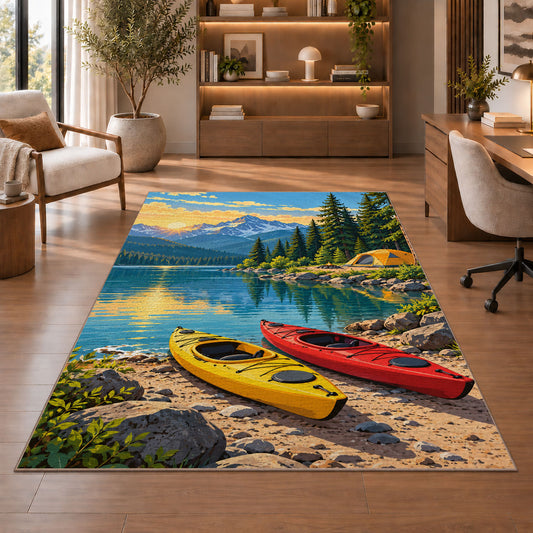 Kayaks on the Lakeshore rug in a home office with wooden shelves
