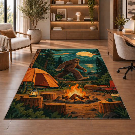 Bigfoot Campsite rug in a home office with wooden shelves