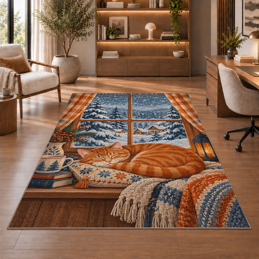 Orange Cat Snowy Window rug in a home office with wooden shelves