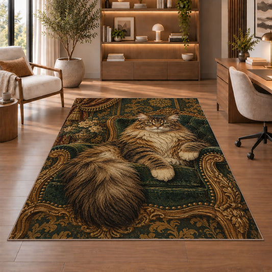 Maine Coon on Velvet Chair rug in a home office with wooden shelves