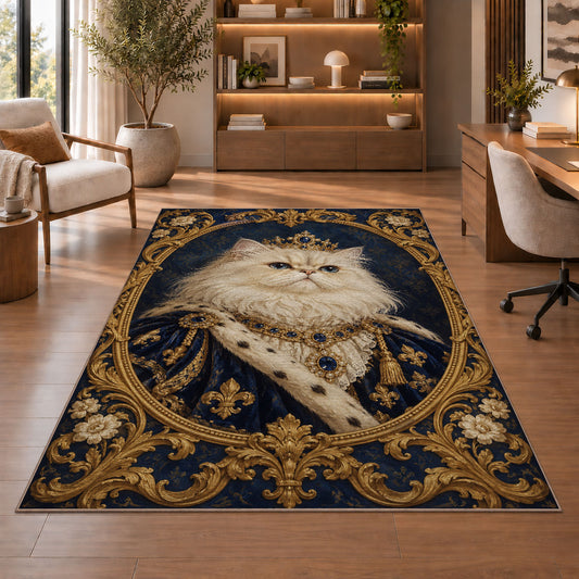 Royal Persian Cat Portrait rug in a home office with wooden shelves