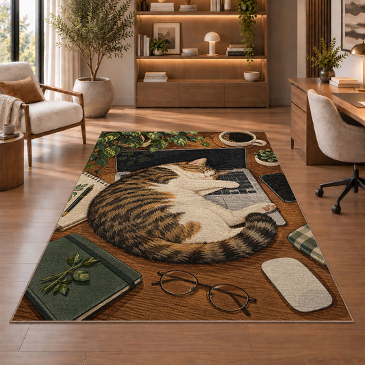 Cat Napping on Laptop rug in a home office with wooden shelves