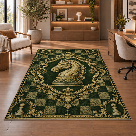 knight chess emblem rug in a home office with wooden shelves