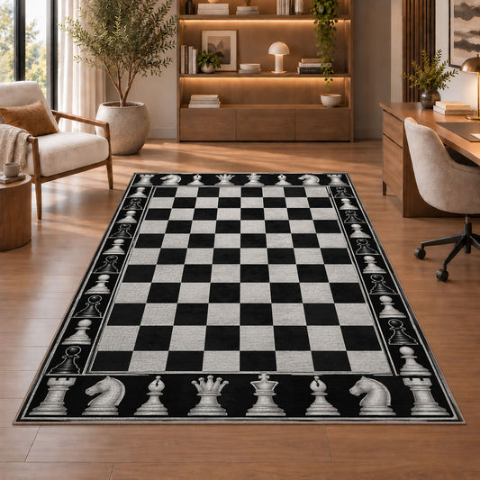 black and white chessboard rug in a home office with wooden shelves
