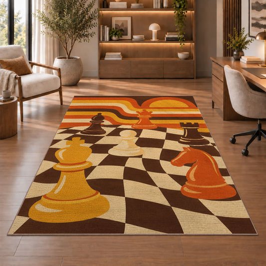 retro 70s chessboard rug in a home office with wooden shelves