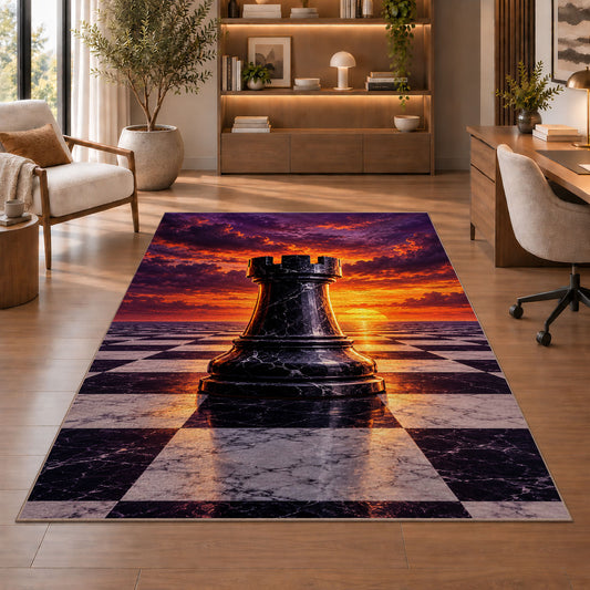 rook chess piece at sunset rug in a home office with wooden shelves