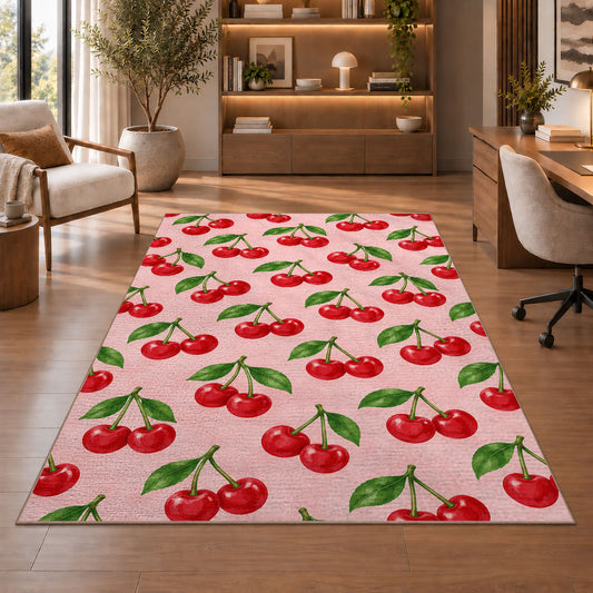 Cherry Pattern Rug in a home office with wooden shelves