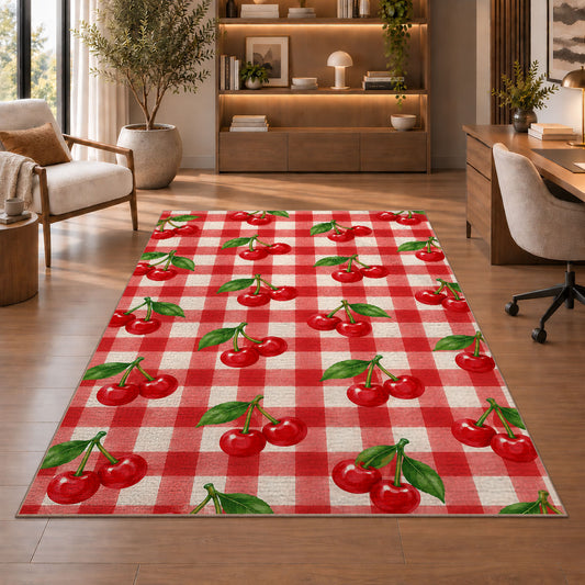 Gingham Cherry Rug in a home office with wooden shelves