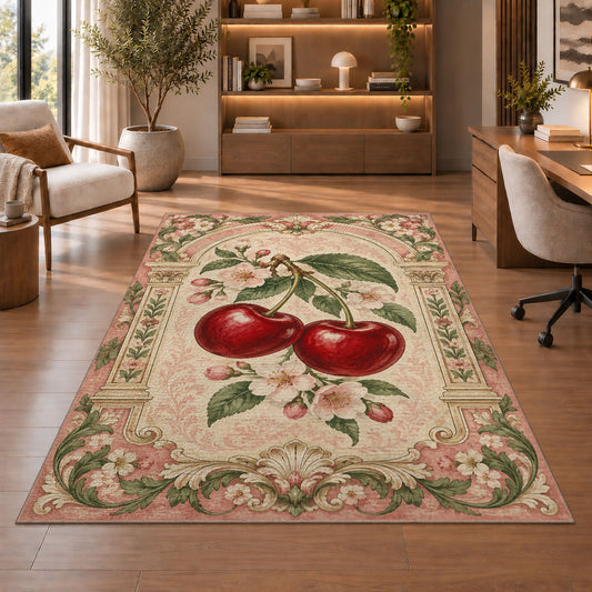 Cherry Arch Rug in a home office with wooden shelves