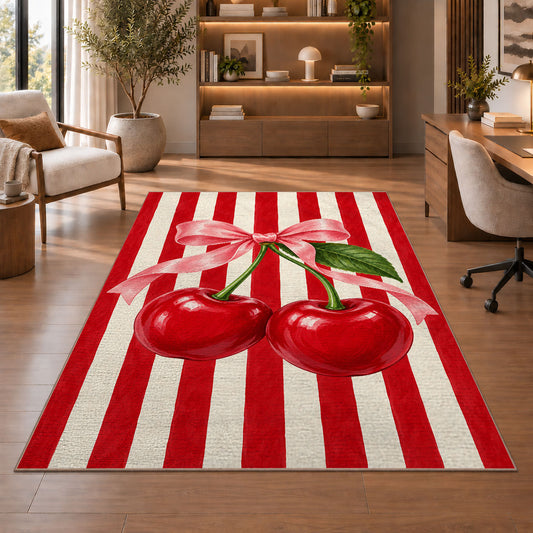 Candy Stripe Cherry Rug in a home office with wooden shelves