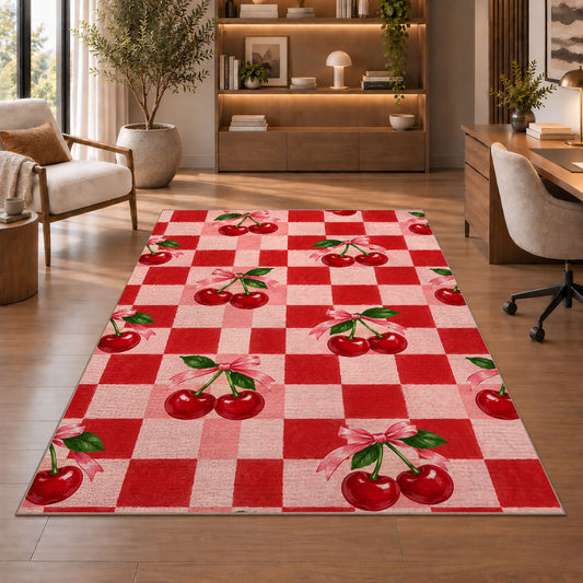 Checkered Cherry Rug in a home office with wooden shelves