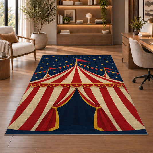 Vintage Circus Tent Rug in a home office with wooden shelves