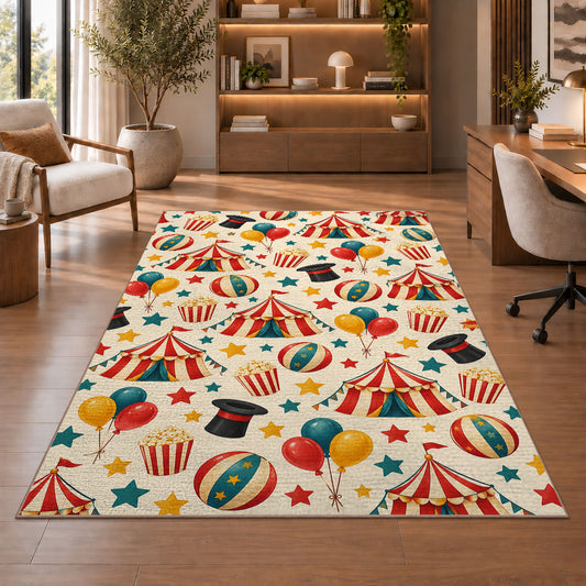 Circus Pattern Rug in a home office with wooden shelves