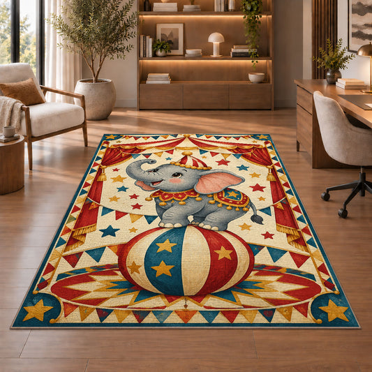 Circus Elephant Rug in a home office with wooden shelves