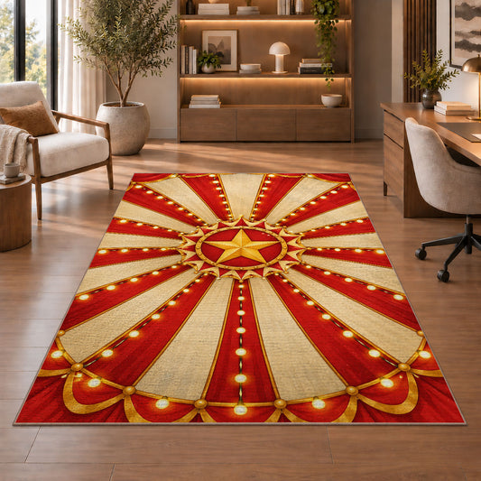 Circus Tent Ceiling Rug in a home office with wooden shelves