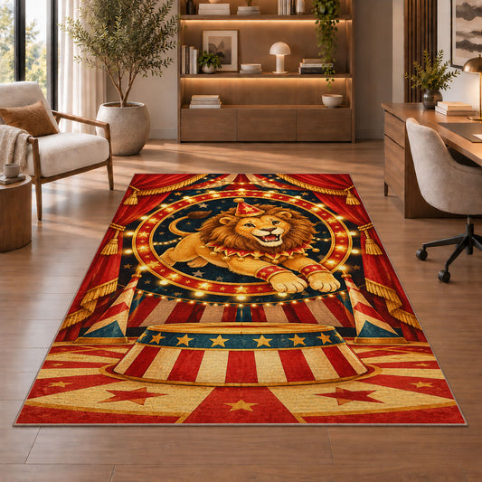 Circus Lion Rug in a home office with wooden shelves