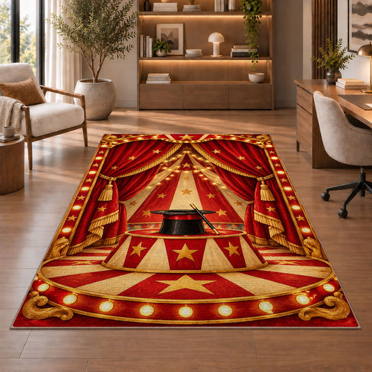 Circus Stage Rug in a home office with wooden shelves