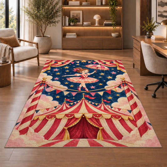 Circus Tightrope Rug in a home office with wooden shelves
