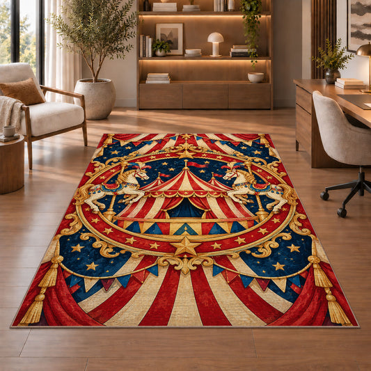 Vintage Circus Emblem Rug in a home office with wooden shelves