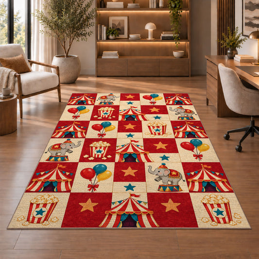 Checkered Circus Rug in a home office with wooden shelves